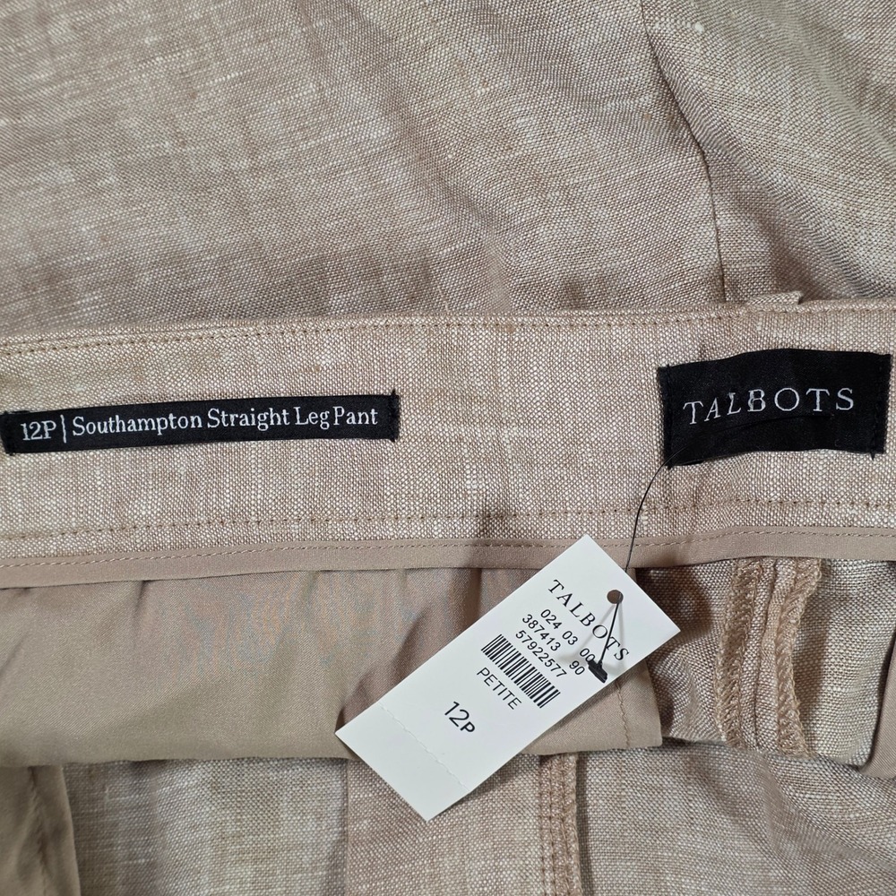 Talbots Southampton Straight Leg 100% Linen Pants Tan Beige 12P Petite NWT - Picture 4 of 10